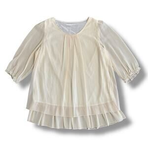 Belle Habiller Women’s Ivory Chiffon Blouse‎ Layered Hem Sheer Sleeve Top M/L